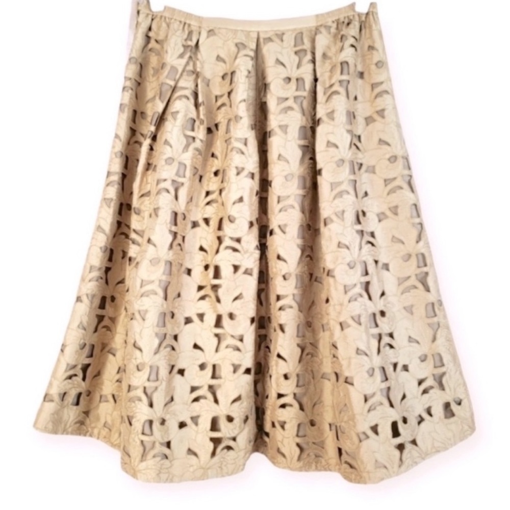Talbots 100% Silk Golden Tan Floral Lace Cut Out A-Line Skirt size women’s 8